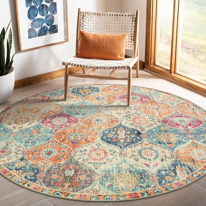 Lahome Moroccan Trellis Washable Round Area Rug, Soft Round Rugs 6ft Ultra-Thin Non-Slip, Vintage Large Circle Carpet for Bedroom Living Room Kitchen Nursery Elise, Cream/Multi