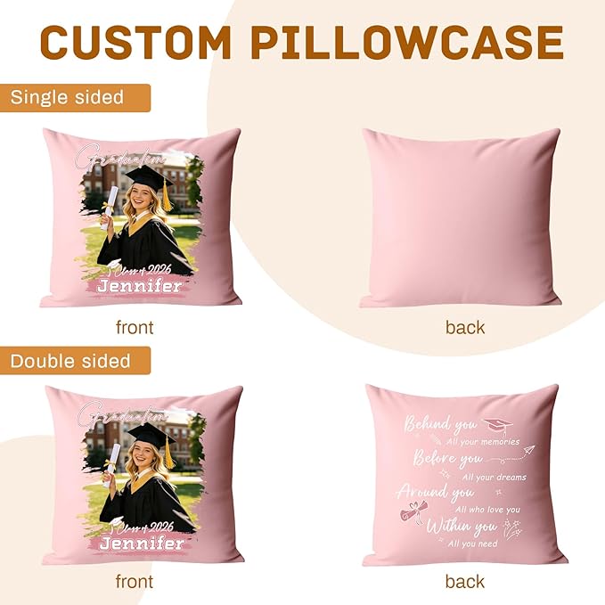 Custom Pillow with Picture & Text - Include Insert, Personalized Graduation Gifts for Class of 2026, Inspirational Souvenir Gifts for Senior College Masters