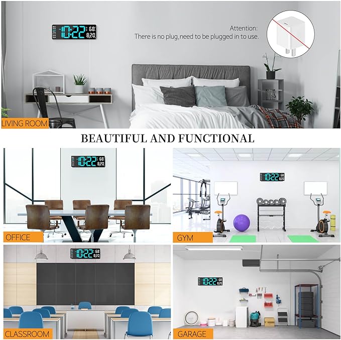 Digital Clock, Digital Wall Clock for Living Room Decor, Desk Alarm Clock for Bedroom, Large Wall Clock with Remote Control, Automatic Brightness Dimmer LED Clock with Date Temperature Week (Blue-B)