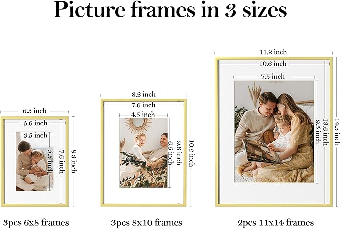 eletecpro Aluminum Gallery Wall Frame Set of 8, Including 2Pcs 11x14, 3Pcs 8x10, 3Pcs 6x8 Photo Frames for Wall or Tabletop Display, Multiple Sizes Picture Frames Collage Wall Decor, Gold
