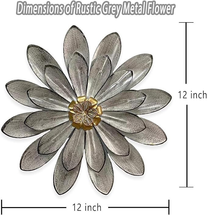 Novbvia Metal Flower Wall Sculpture, 12" Rustic Modern Floral Artwork, Distressed 3D Layered Iron Flower Wall Hanging Accent for Indoor/Outdoor, Kitchen,Living Room Office Garden Decor (Grey)