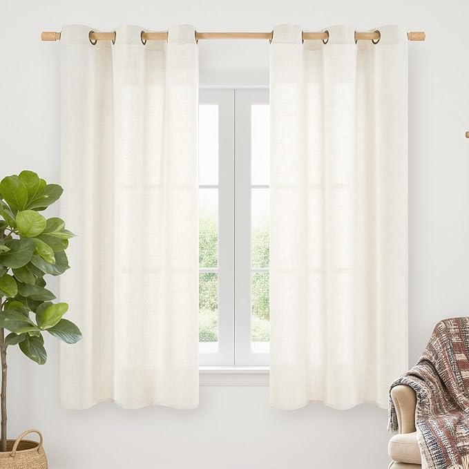 YoungsTex Ivory Linen Curtains 63 Inch Length for Living Room, Light Filtering Semi Sheer Window Drapes with Bronze Grommet Privacy for Bedroom Farmhouse Decorative, 42 x 63 Inch, 2 Panels