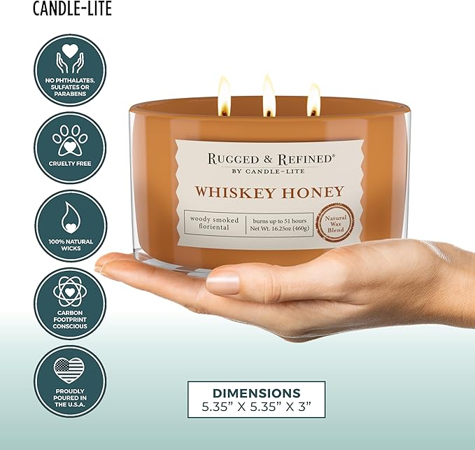 Candle-Lite Scented Candles for Men, Whiskey Honey Fragrance, 16.25 oz Jar, 3-Wick, 51 Hours of Burn Time, Masculine Aromatherapy with Long Lasting Scent, Ideal Gift for Father's Day and Home Decor