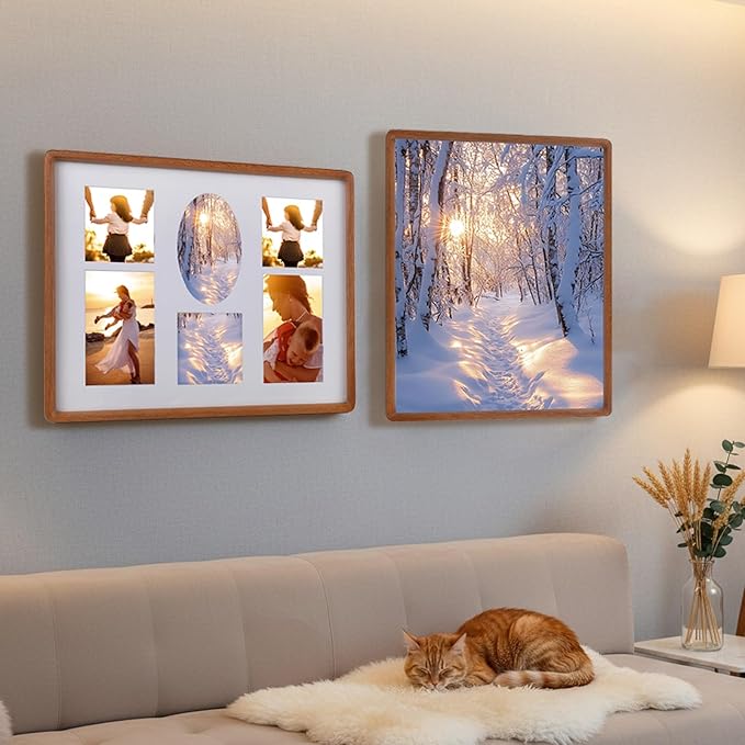 12x16 Collage Picture Frame Teak Wood, Multiple 6 Photos or 12x16 without Mat, Rustic Photo Frame with Tempered Glass Hanging Displaying Horizontally or Vertically