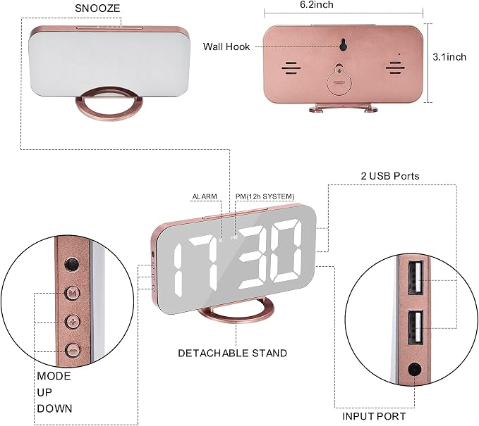 SZELAM Alarm Clock for Bedroom,LED and Mirror Digital Clock Large Display,with Dual USB Charger Ports,Auto Dim,Snooze Mode,Modern Desk/Wall Electronic Clock for Girl Woman Mom Teens - Rose Gold - Image 4