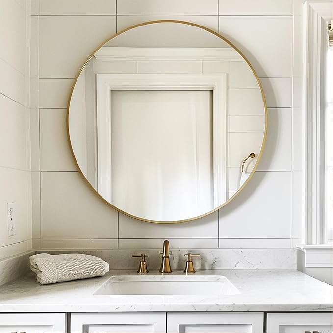 Sunniry Gold Round Mirror, Circle Mirror 26 inch, Gold Circle Mirrors Metal Frame, Round Mirrors for Wall, Living Room, Bathroom, Entryway, Rustic.