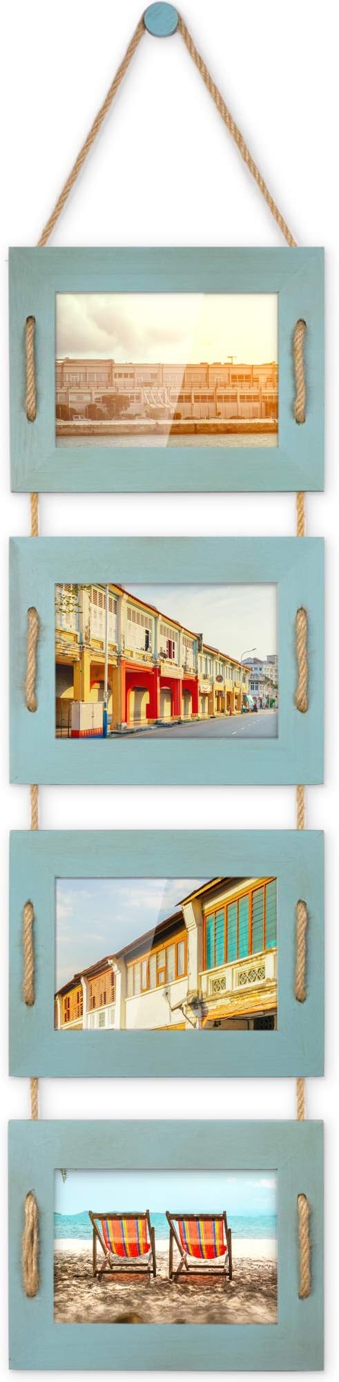 DLQuarts 5x7 Hanging Picture Frames Collage Wall Decor, 4-Opening 5x7 Matted to 3.5x5 Photo Rustic Wood Frame with Hemp Rope, 1 Pack, Ocean Blue