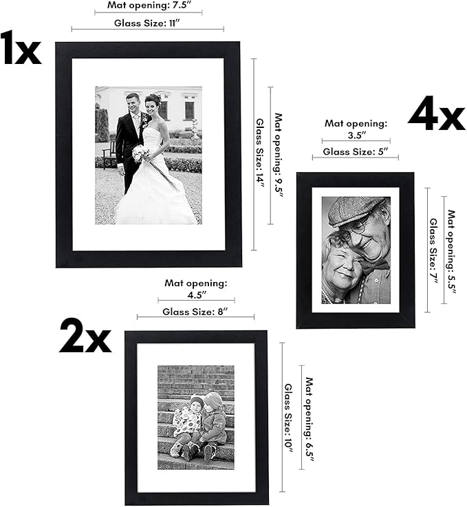 Americanflat Set of 7 Picture Frames with Shatter-Resistant Glass - Gallery Wall Frame Set with One 11x14, Two 8x10 and Four 5x7 Frames - Signature Collection - Black