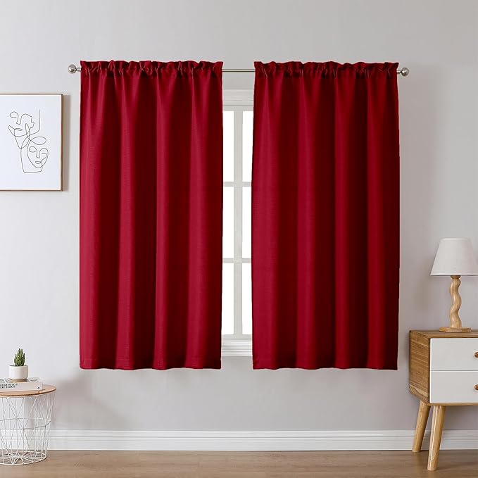 Chyhomenyc Christmas Red Curtains 54 Inch Length 2 Panels, Faux Linen Textured Light Filtering Soft Airy Rod Pocket Window Treatment Drapes for Living Room Bedroom, 30Wx54L Inch, Set of 2