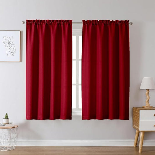Chyhomenyc Christmas Red Curtains 54 Inch Length 2 Panels, Faux Linen Textured Light Filtering Soft Airy Rod Pocket Window Treatment Drapes for Living Room Bedroom, 30Wx54L Inch, Set of 2