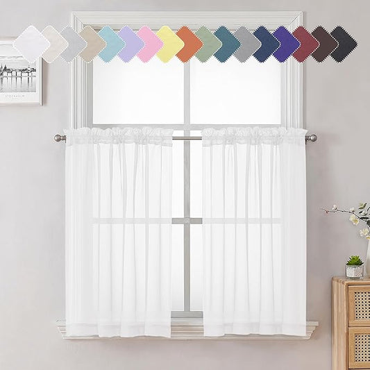 Lecloud 36 Inch White Sheer Curtains Tiers 2 PCS with Dual Rod Pockets, Airy & Breathable Half Small Curtain for Bedroom Living Room Kitchen, Voile Sheer Tiers Cafe Cupboard Decor, 40X36 Inches