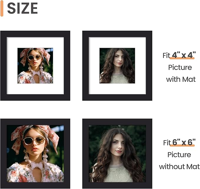 upsimples 6x6 Picture Frame, Display Pictures 4x4 with Mat or 6 x 6 Without, Wall Hanging Square Frames, Black, 1 Pack