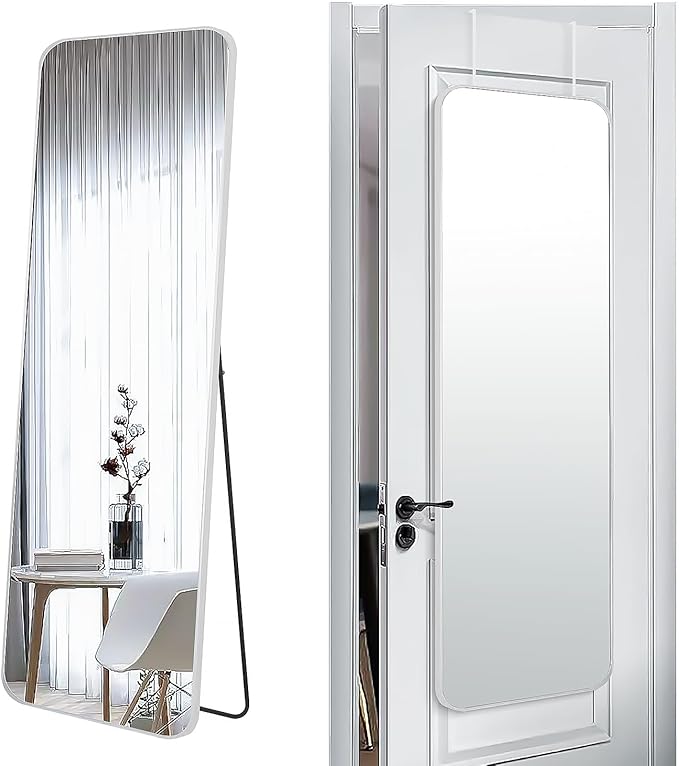 SCWF-GZ 57x20 Door Hanging Full Length Mirror, Floor Stand (Height 5.7ft just Body in1.3ft) Wall Mounted Metal Frame Rectangle Dressing Mirrors for Bedroom Room 57 inch Silver