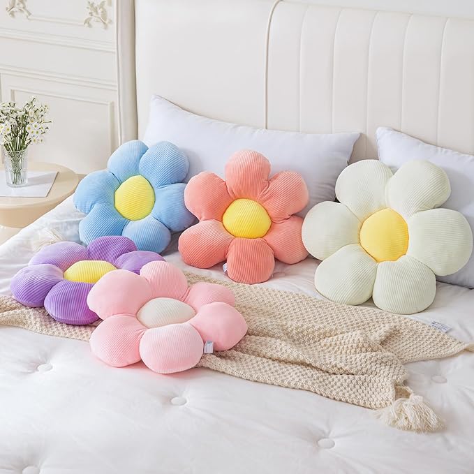 CANGHI 3Pcs Flower Pillow - Flower Shaped Throw Pillow Seating Cushion, Cute Daisy Flower Pillow Floor Pillows for Adults Kids Home Bedroom Sofa Chair Couch Decor (White/Green/Purple, 15.74 in)