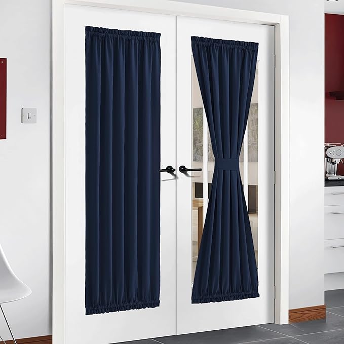 NICETOWN French Door Curtain Drapes - Solid Thermal Insulated Blackout French Door Window Treatment Curtain Panel Drapes for Kitchen, Navy, 1 Panel, 54W x 72L inches