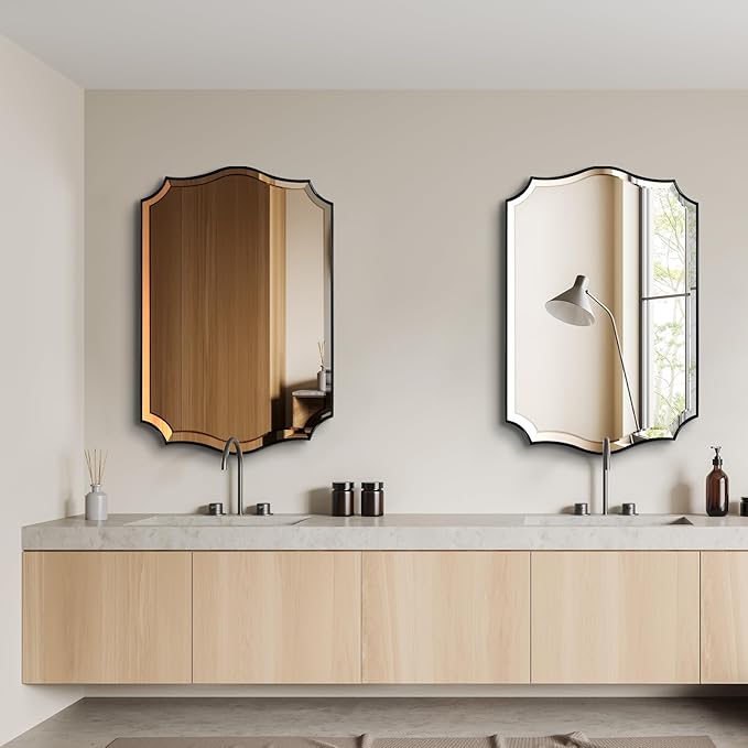 POZINO Scalloped Beveled Mirror, 24"x36" Rectangle Bathroom Vanity Mirror for Over Sink, Modern Aesthetic Wavy Shaped Wall Mirrors for Living Room Bedroom Entryway, Horizontal or Vertical Hanging