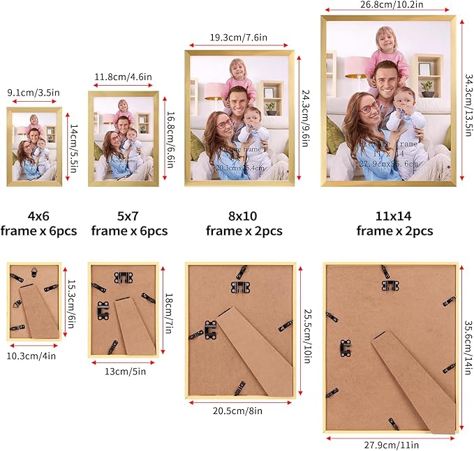 Giftgarden 16 Pack Gold Picture Frames for Multi Sizes Photos, Assorted Set Including Two 11x14, Two 8x10, Six 5x7, Six 4x6, Gallery Collage Frame for Wall or Tabletop Display
