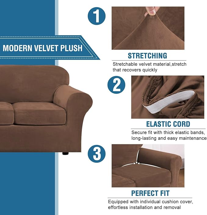 H.VERSAILTEX High Stretch Sofa Slipcover 4 Piece Cover Velvet Furniture Protector Form Fit Thick Velvet Extra Large Sofa Cover for 3 Cushion Couch Width Up to 97 Inch (Large Sofa, Caramel Cafe)