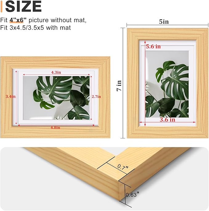 Egofine 4x6 Picture Frames Natural Wood Frames with Plexiglass, Display Pictures 3x4.5 and 3.5x5 with Mat or 4x6 Without Mat Set of 4 for Tabletop and Wall Mounting