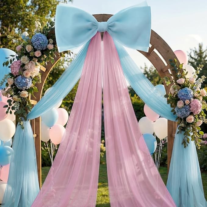 Canlierr Extra Large Pink and Blue Organza Bow Decorations 39 x 59 Inch Giant Pink Blue Tulle Bow with Tie and Long Ribbon Tails for Wedding Valentines Party Backdrop Coquette Room Wall Decoration