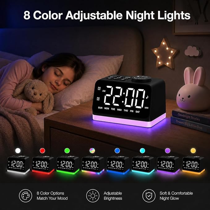 JALL Digital Alarm Clock with FM Radio for Bedroom, 8 Colors Night Light with 2 Charging Port, Sleep Sound Machines with Timer, Dual Alarm, Loud Alarm and Easy to Use for Seniors as Gift - Image 6