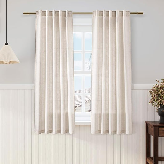 Nanspring Beige Linen Curtains 63 inches Long for Bedroom Back Tab Sheer Beige Curtains Modern Farmhouse Coastal Decor Cotton Textured Gauze Curtain for Bathroom 2 Panel Set 52x63