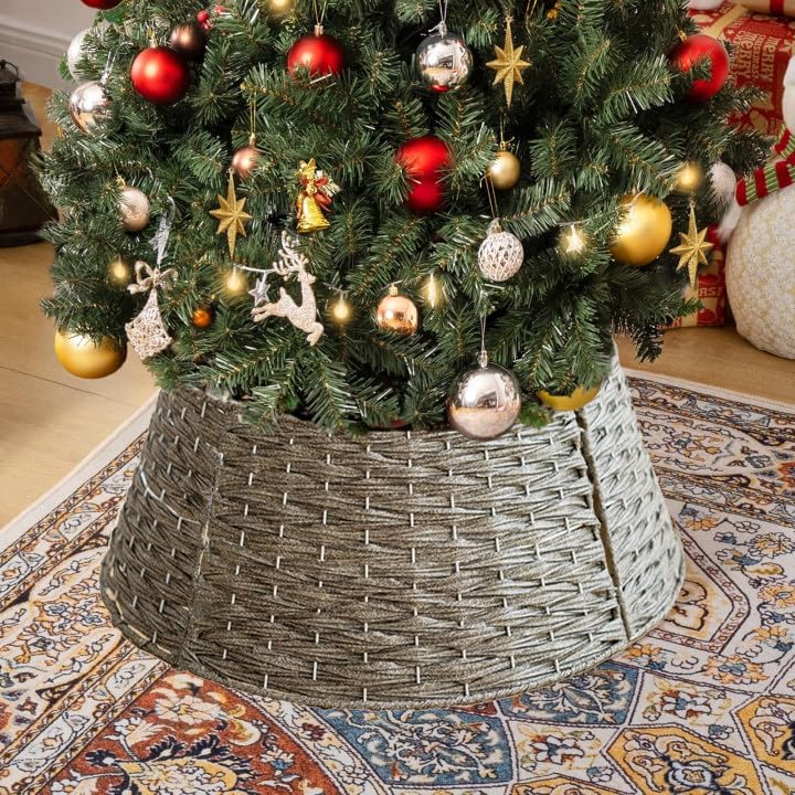 belupai Wicker Christmas Tree Skirts Collar Rings, Artificial Rattan Christmas Tree Skirt Stand Farmhouse Xmas Tree Collar for Artificial Christmas Trees Decoration(Gray,S) - Image 4