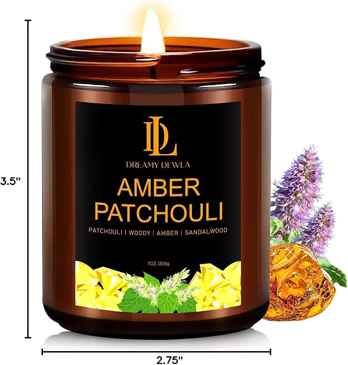 Amber Patchouli Candles, Amber Patchouli Scented Candle, Mother's Day Candle Gifts for Women, Soy Candles for Home Scented, 7oz 50 Hours Burn, Home Décor