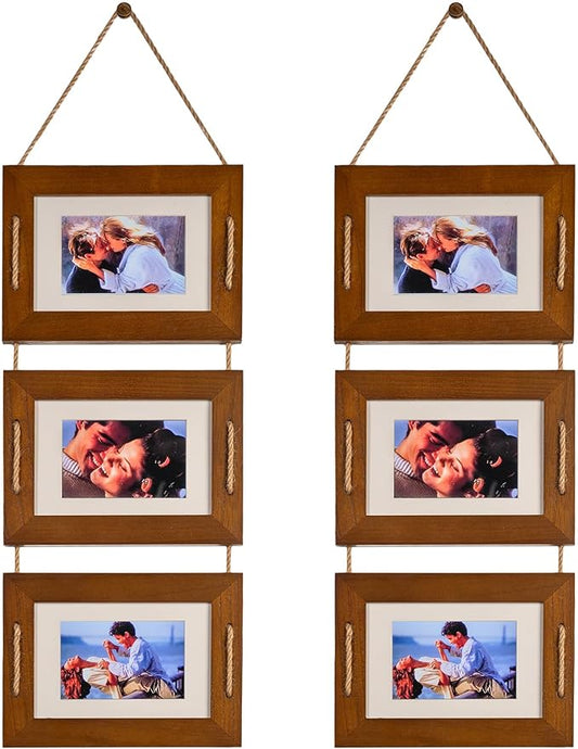 DLQuarts 5x7 Hanging Picture Frames Collage Wall Decor, 3 Opening 5x7 Matted to 3.5x5 Photo Rustic Wood Frame, Dark Walnut, 2 Pack