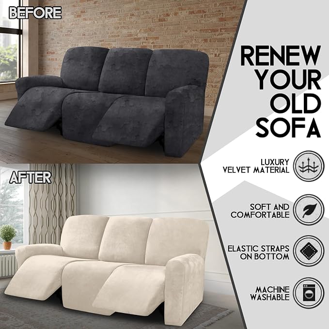 ULTICOR Velvet 8-Pieces Recliner Sofa Covers Stretch Reclining Couch Covers for 3 Cushion Reclining Sofa Slipcovers Furniture Covers Thick Soft Washable (3 Seater Recliner Cover, White)