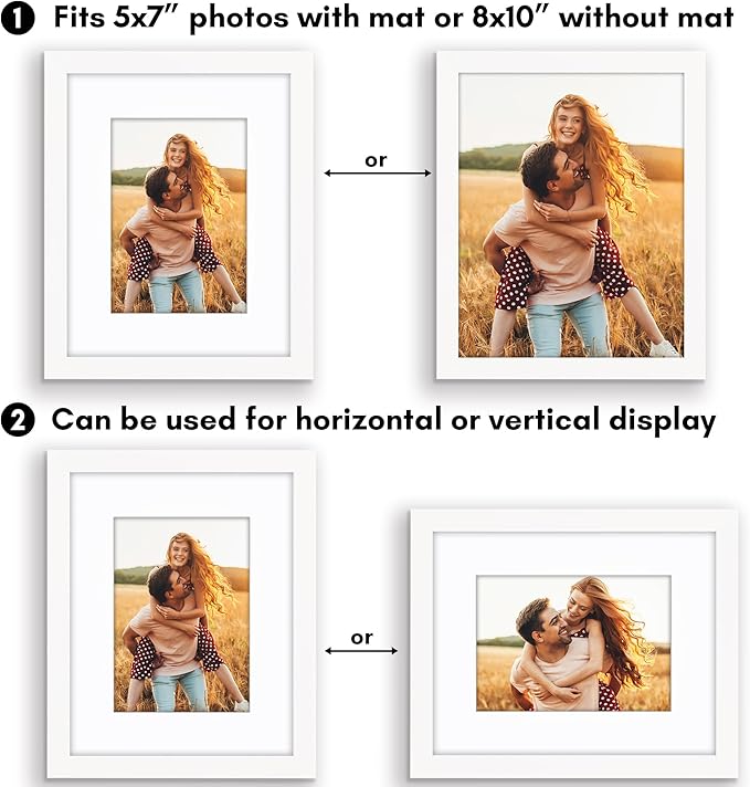 Americanflat 8x10 Picture Frame with Shatter-Resistant Glass - Use as 5x7 Frame with Mat or Display 8x10 Photo Without Mat - Soho Collection - Deep Molding Picture Frames for Tabletop or Wall - White