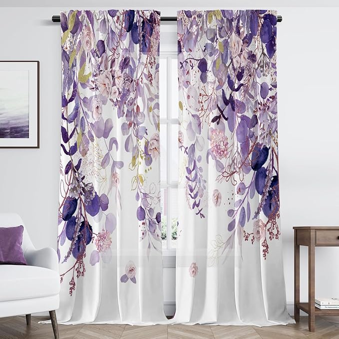 Purple Floral Sheer Curtains 84 Inch Length 2 Panels, Eucalyptus Leaves Botanical Light Filtering Privacy Semi-Sheer Vintage Curtains for Bedroom Living Room, Watercolor Flower Pink Plant Curtain