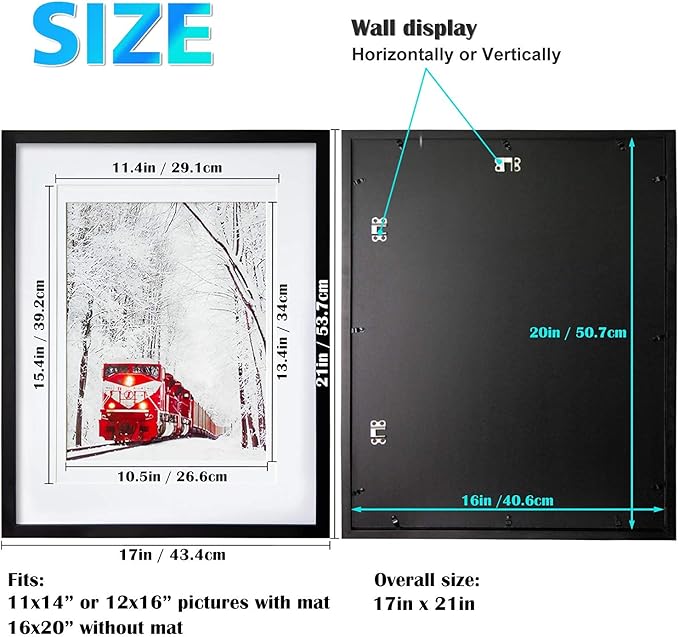 Egofine 16x20 Solid Wood Poster Frame Matted for 11x14 and 12x16 Black - Acrylic Plexiglass Front for Wall Mounting Hanging Picture Frame Vertically or Horizontally, Set of 2