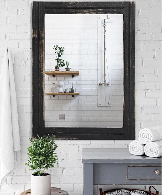 AAZZKANG Wall Mounted Mirror Small Rectangular Retro Mirrors with Wood Frame for Bedroom Living Room Bathroom Entryway Large 28"x20"