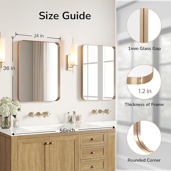 USHOWER Gold Bathroom Mirrors 24"x36" 2 Pack, Brushed Gold Rectangle Mirrors for Over Sink, Aluminum Frame, Anti-Rust, Tempered Glass, Horizontal or Vertical Mounted, Champagne Gold (Neutral Gold)