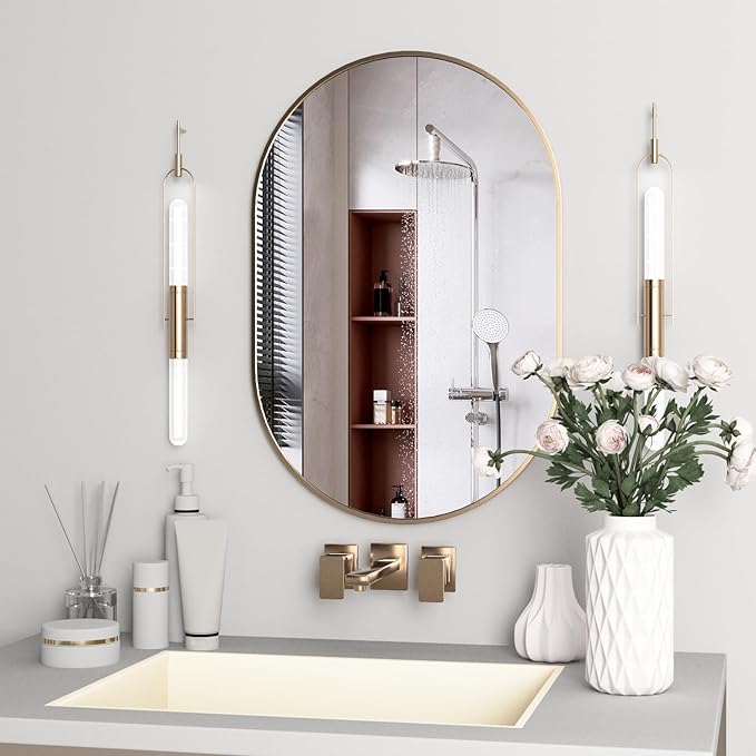 Oval Bathroom Mirror Capsule Wall Vanity Mirror, 24"x36" Pill Mirrors Wall Mounted Mirror, Large Modern Mirror with Gold Metal Frame, Decor for Entryway, Bedroom