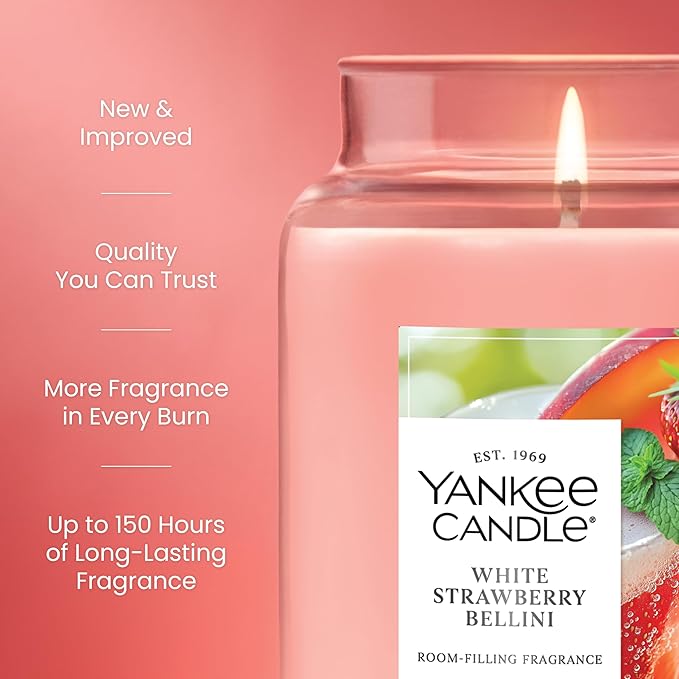 Yankee Candle White Strawberry Bellini, Scented Candle, 22oz Large Jar with up to 150 Hour Burn Time, Giftable