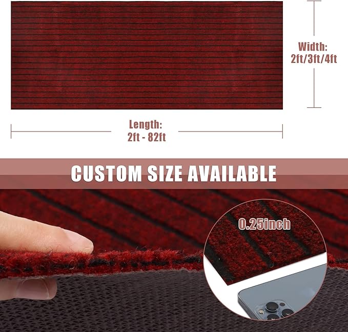 Runner Rug 3 ft x 27 ft Indoor/Outdoor Low Profile, Hallway, Kitchen, Patio, Deck Area, RV, Entryway, Garage, with Non-Slip Rubber Backing, Red with Black Stripe, Custom