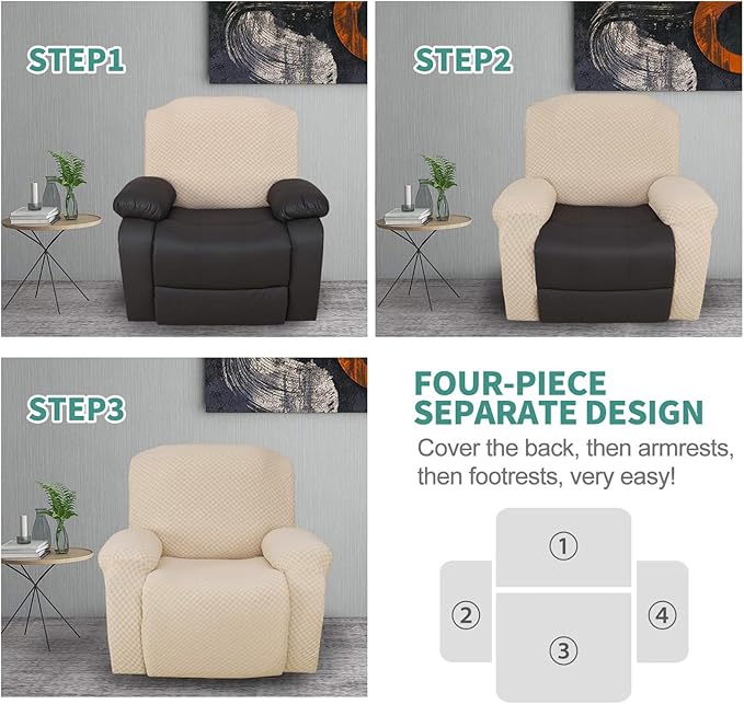 YEMYHOM 4 Pieces Stretch Recliner Slipcover Latest Jacquard Recliner Chair Cover with Side Pocket Anti-Slip Fitted Recliner Cover Couch Furniture Protector with Elastic Bottom (Recliner, Beige)