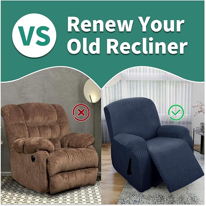 YEMYHOM 4 Pieces Oversized Stretch Recliner Slipcover Latest Jacquard Large Recliner Chair Cover with Side Pocket Anti-Slip Fitted Furniture Protector with Elastic Bottom (X-Large Recliner, Navy)
