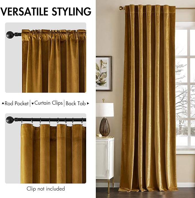 MIULEE Velvet Curtains 66 Inch Wide - Extra Wide Luxury Room Darkening Curtains for Sliding Door Bedroom Living Room Thermal Insulated Soft Window Drapes Back Tab, Gold, W 66 x L 96 inch 2 Panels