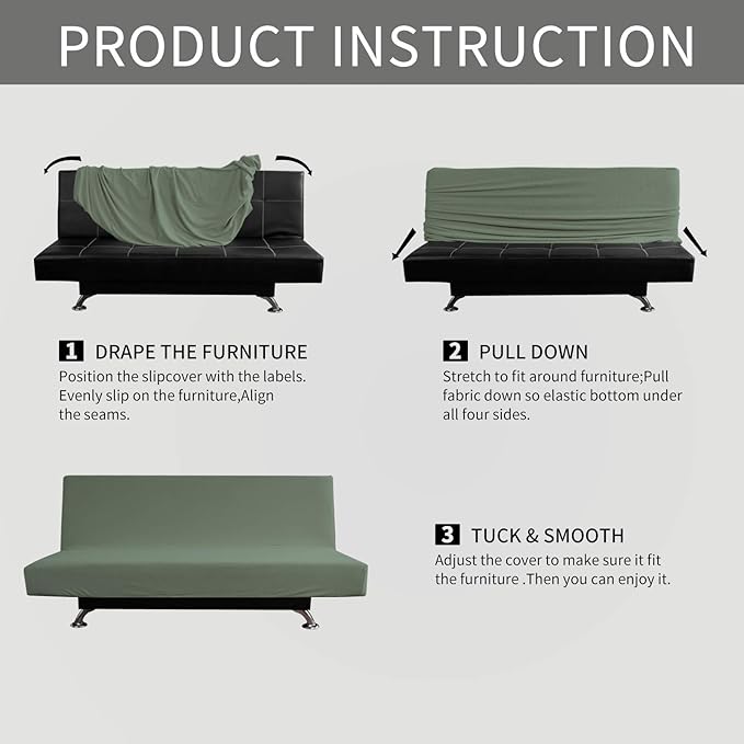 Easy-Going Stretch Futon Slipcover Armless Futon Bed Cover Furniture Protector Without Armrests with Elastic Bottom for Kids, Soft Jacquard Fabric Small Checks (Large, Greyish Green)
