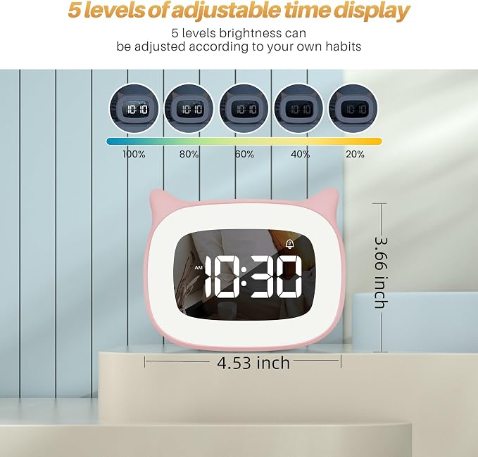 Cute Cat Ear Alarm Clock with Night Light for Bedroom,Pink - Image 3