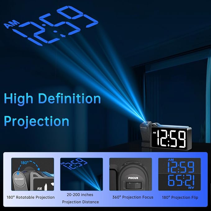 Peakeep Projection Alarm Clock for Bedroom Ceiling with Colorful Nightlight - Image 3