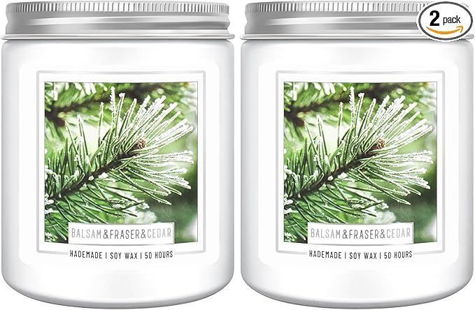 Homsolver 2 Packs Christmas Candles, Balsam Fir Scented Pine Candle, Holiday Christmas Jar Candle Gifts for Women and Men, 50+ Hour Burn Time, Christmas Tree Scented Decor for Home