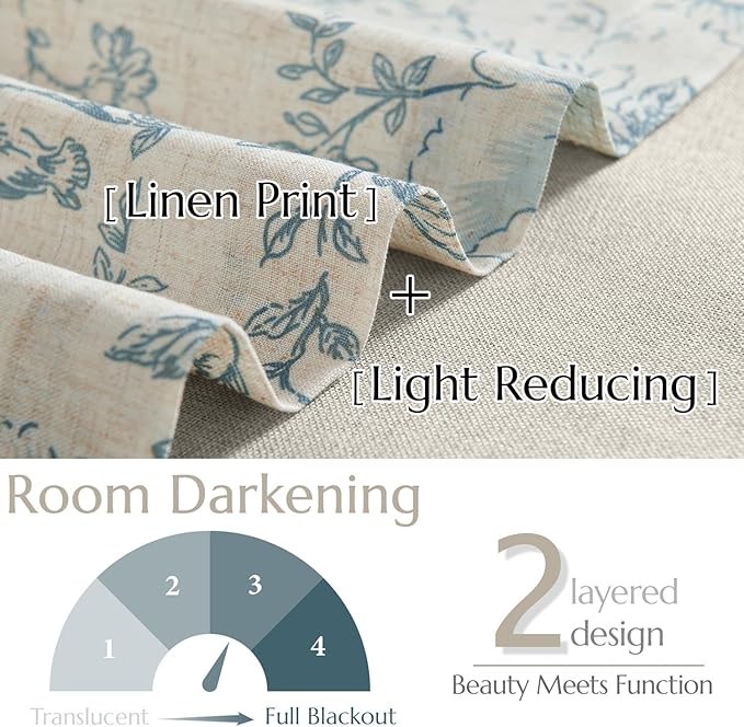 jinchan Linen Floral Valance Double Layer Kitchen Window Curtain Blue Flower on Beige Valance for Living Room Cafe Farmhouse Light Filtering Rustic Country Curtain 18 Inch Rod Pocket 1 Panel