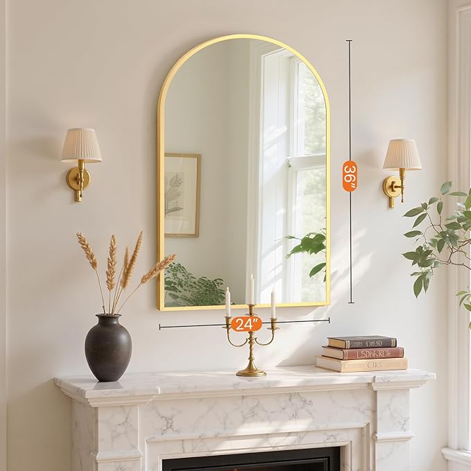 Sweetcrispy 24"x36" Arched Gold Bathroom Mirror Wall Mounted Vanity Metal Frame Mirror for Bedroom, Entryway, Living Room