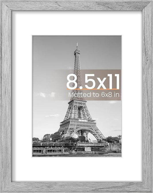 upsimples 8.5x11 Picture Frame, Display Pictures 6x8 with Mat or 8.5x11 Without Mat, Wall Hanging Photo Frame, Gray, 1 Pack