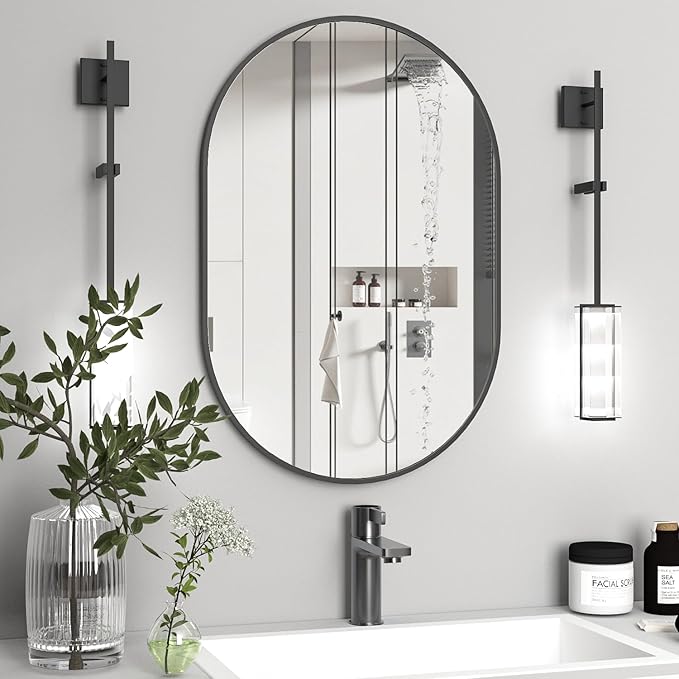 Oval Bathroom Mirror Capsule Wall Vanity Mirror, 24"x36" Pill Mirrors Wall Mounted Mirror, Large Modern Mirror with Black Metal Frame, Decor for Entryway, Bedroom, Living Room
