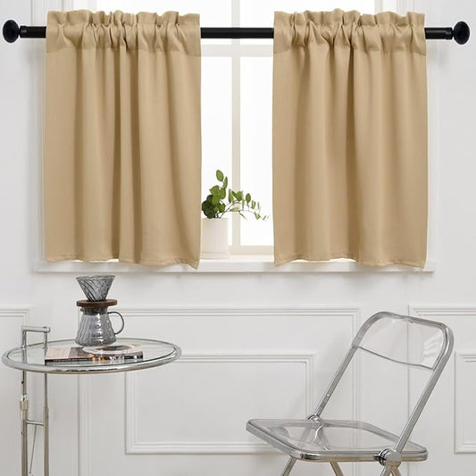 Pickluc Blackout Curtains 45 Inches Long 2 Panels, Room Darkening Tiers with Rod Pocket, Short Black Out Curtain for Small Window, 42" Wide and 45" Length, Set of Two, Beige.